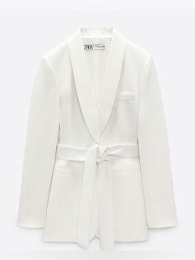 Zara Crisp White Belted Shawl Collar Blazer SZ L tie belt tuxedo collar NWOT